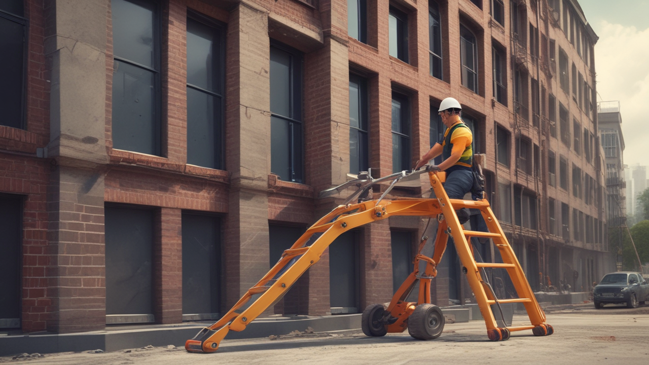 Construction worker using chariot ladder